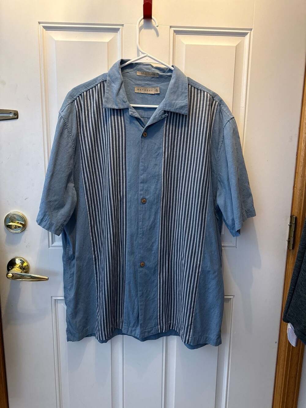 Retreat Men's Blue Striped Short Sleeve Silk Blend Camp Shirt